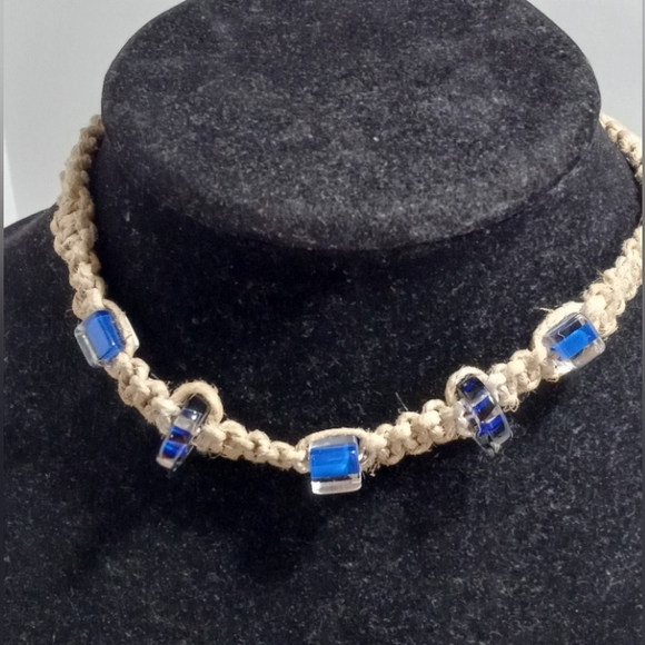 Vintage Glass Bead Hemp Choker Necklace Y2K 14 1/2" - Picture 2 of 7